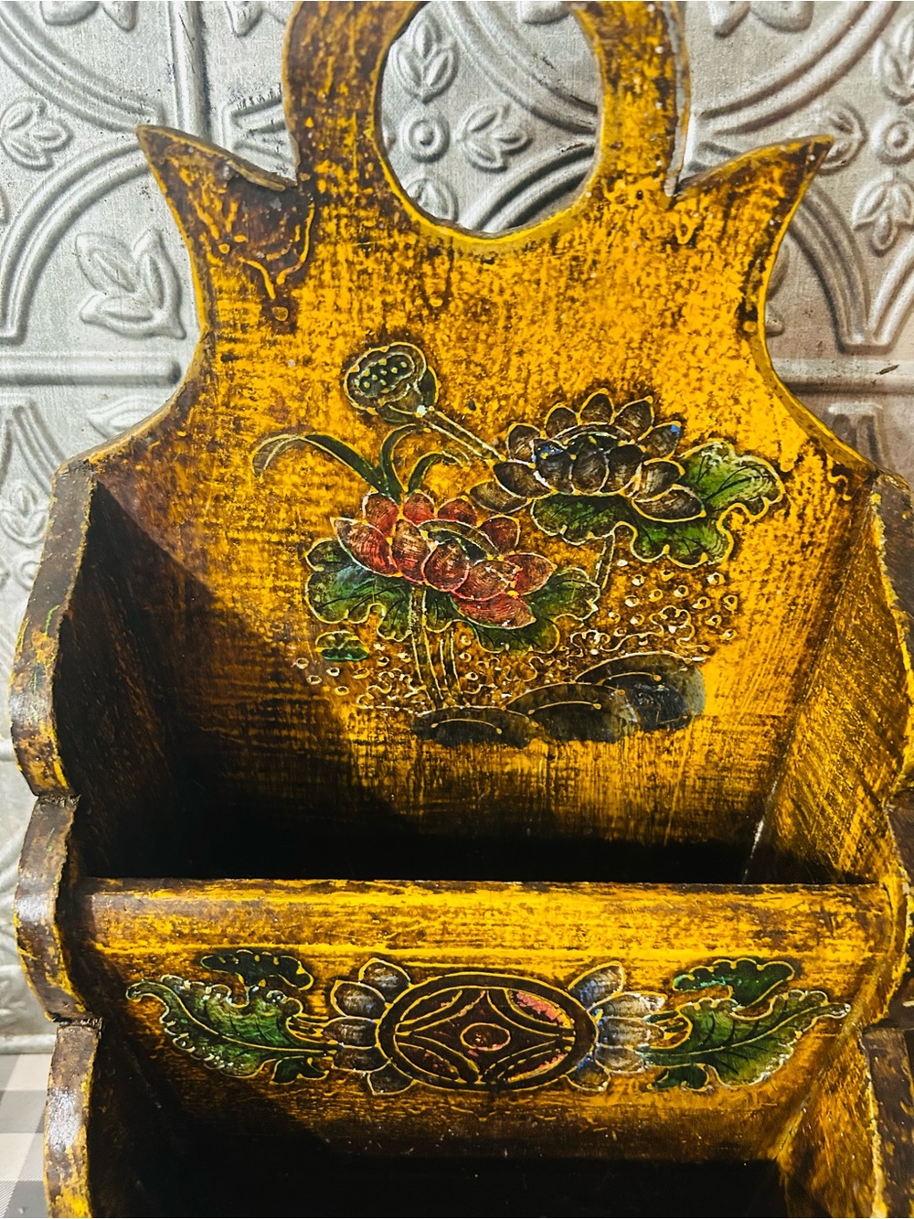 Hand-Painted Yellow Floral Wooden Wall Pocket by